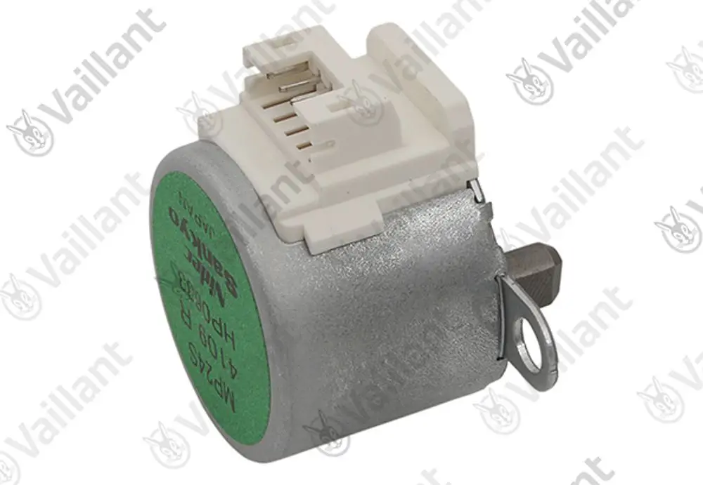 Vaillant Stellmotor für Drosselklappe mit einer elektrischen Anschlussbuchse und einem metallenem Gehäuse, geeignet für spezifizierte Heizsysteme.